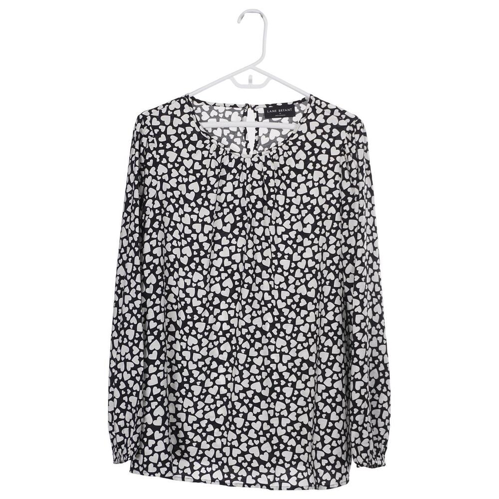 Lane Bryant Top 16 Black White Heart Print Long Sleeve Keyhole Blouse